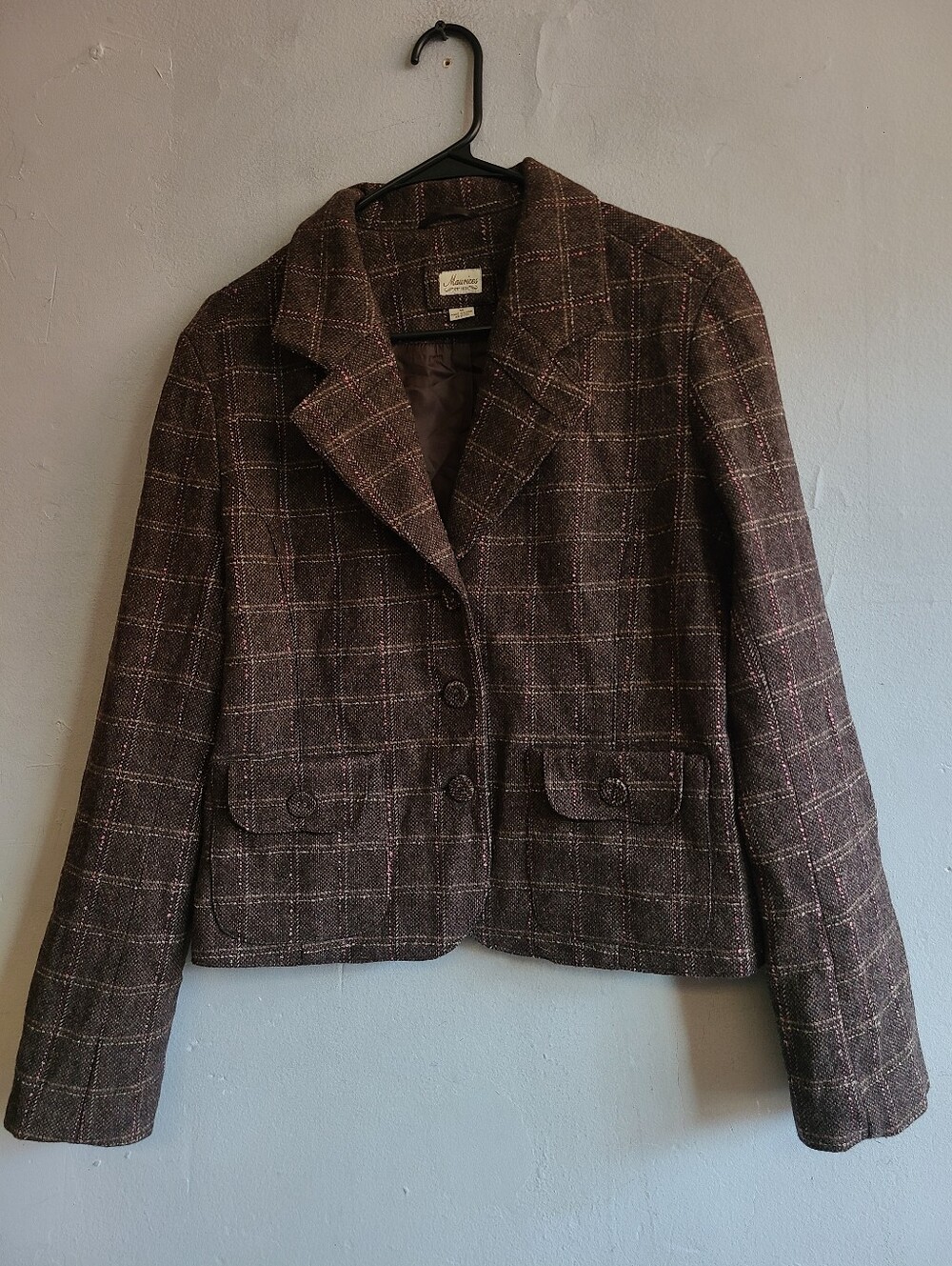 Vintage Y2K Maurices women's medium wool blend dark brown plaid blazer jacket